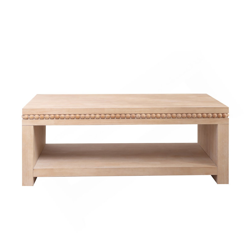 Table basse moderne en bois avec bordure perlée - Table basse rectangulaire de 47 po avec tablette de rangement ouverte, finition naturelle claire - Mobilier de salon de style campagne et bord de mer