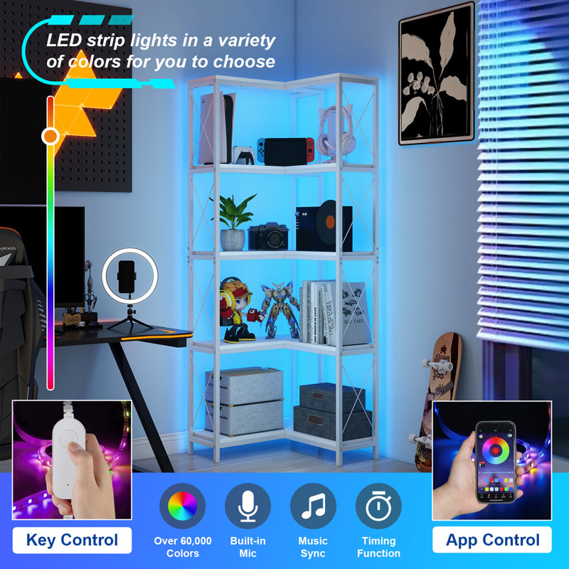 5 Tier Corner Bookshelf With Rgb Light, Wooden Storage Rack, Display Shelf Bookcase, White