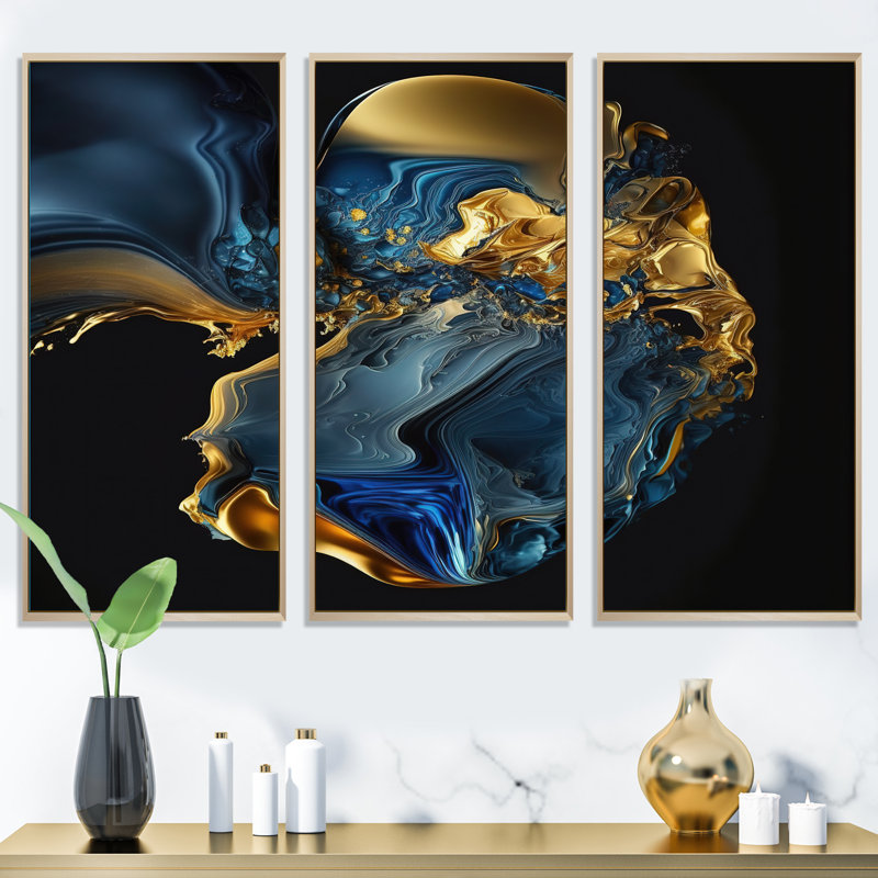 Géode abstraite marbre bleu et or - ensemble d'art mural sur toile à encre liquide, H 32 po x l 48 po x P 1 po