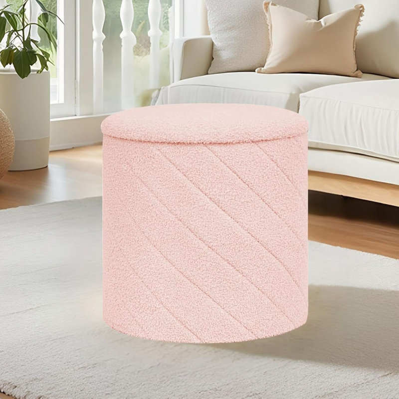 Ottoman With Stroage, Boucle Round Storage Ottoman With Tray,Foot Rest Stool Pink, 16.93"X16.93"X17.72"
