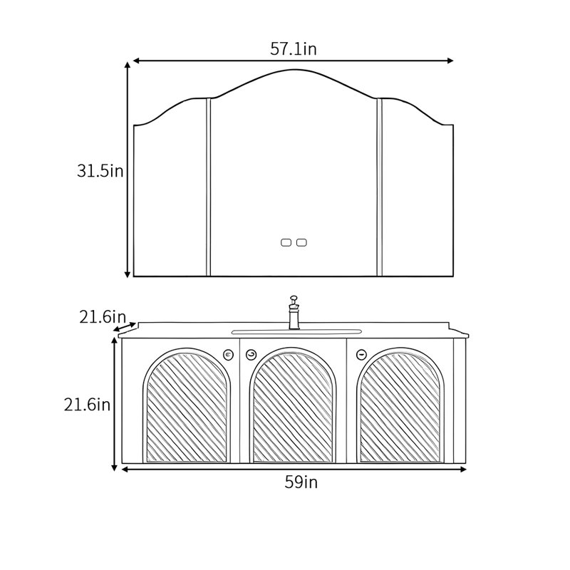 Armoire de salle de bain rétro française, H 21,6 po x l 59 po x P 21,6 po