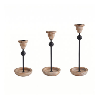 3-Piece Taper Candlestick Holder Set, Wood and Black Metal Candle Holders for Mantel, Table or Entryway Decor
