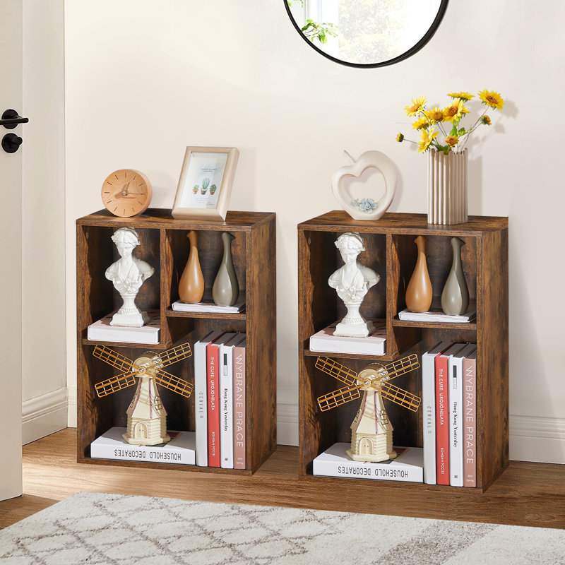 (Set of 2) Modern Small Cube Brown Bookcase, 2-Tier Vertical Horizontal Irregular Open Shelf Bookcase, Brown