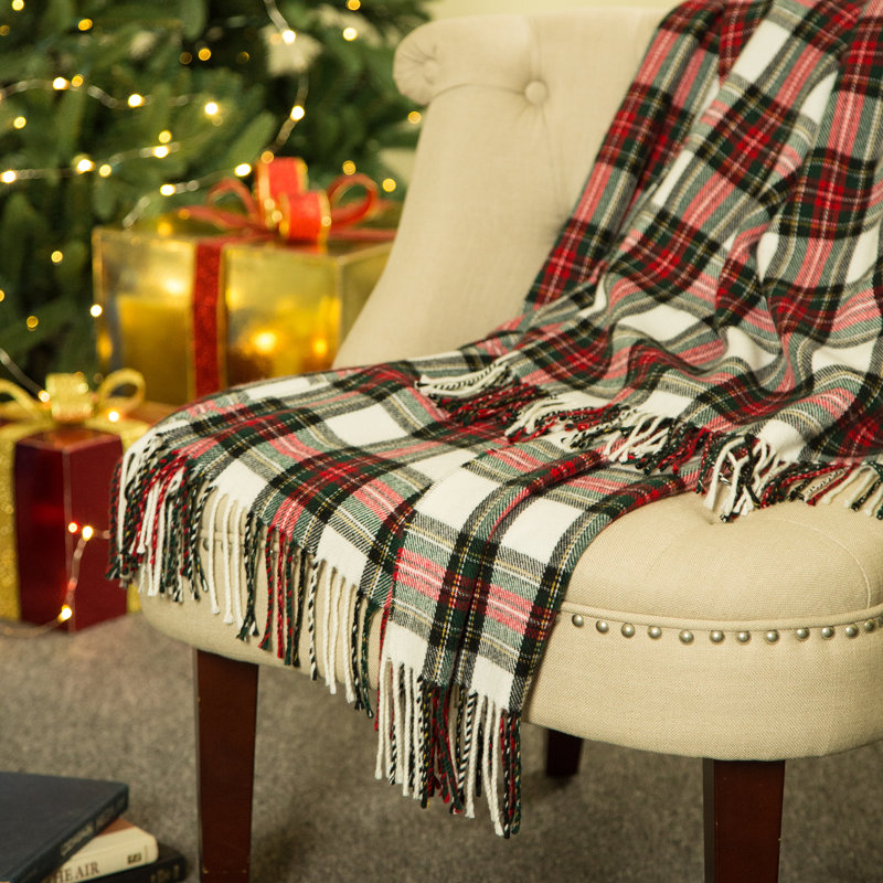 Red and White Plaid Acrylic Fringe Throw Blanket