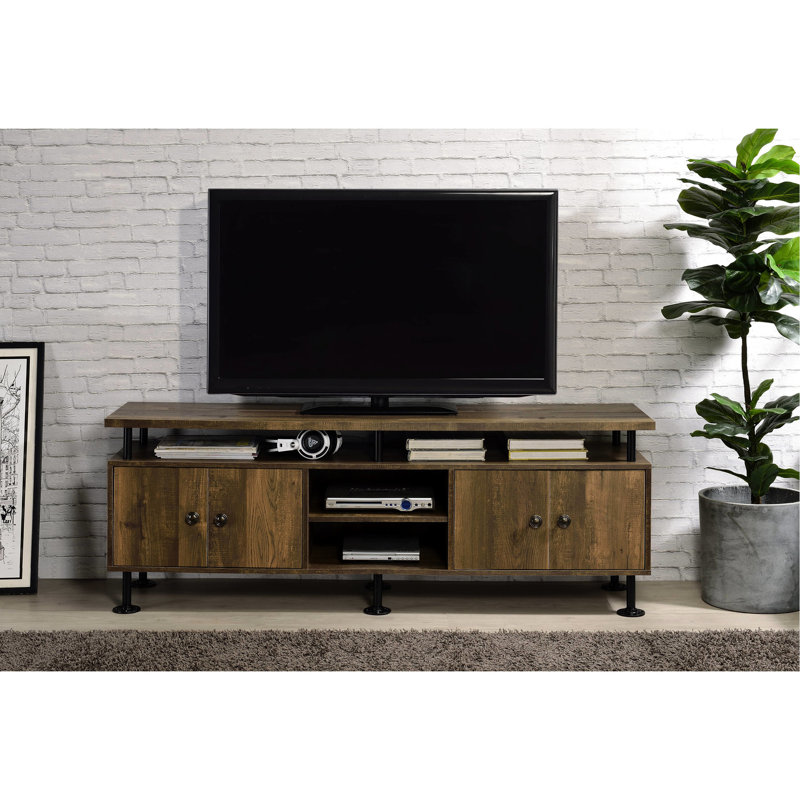 Metal Frame Rustic Oak & Black Finish Tv Stand With 4 Open Compartment And Door Storage For 50-59 Inch Flat Screen Tvs 50 - 59 Screens