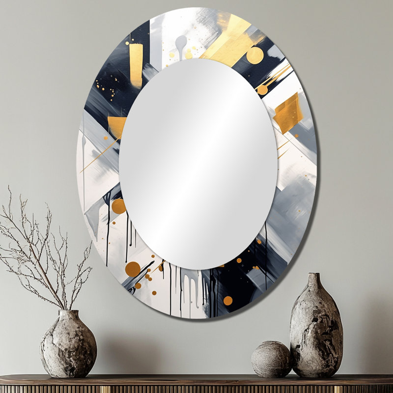 Black And Gold Depth Corner VI - Abstract Oval Decorative Mirror On Metal, 40" x 30"