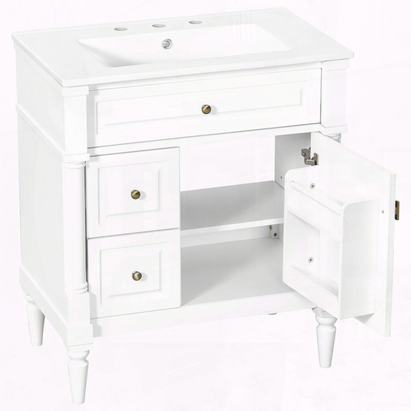 Meuble-lavabo moderne de 30 pouces avec lavabo en céramique et tiroir rabattable, White