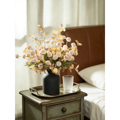 Artificial Floral Arrangement In Metal Vase With Chrysanthemums And Eucalyptus - Faux Flower Centerpiece For Dining Table And Home Decor