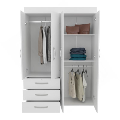 Denver Adjustable Armoire, Rods, Double Door Cabinet, Three Drawers, Two Shelves White