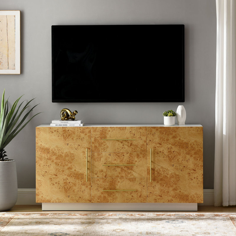 Abel 59 Inch Burl Wood Sideboard Buffet TV Stand In White Bleached Burl