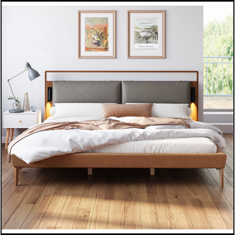Brown&Gray Leather Bed with 2pcs Night Lights, King
