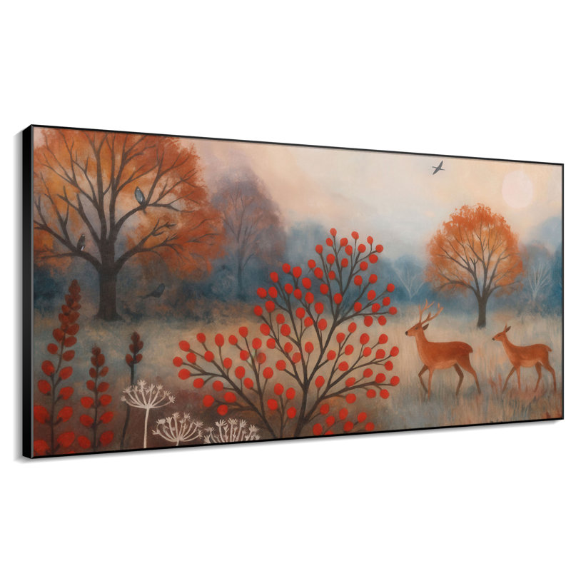 Très grande reproduction d'art sur toile - Scène de forêt d'automne avec décor de cerf et de baies rouges pour le salon ou la chambre à coucher - «Assemblage requis du cadre (cadre non fini)»