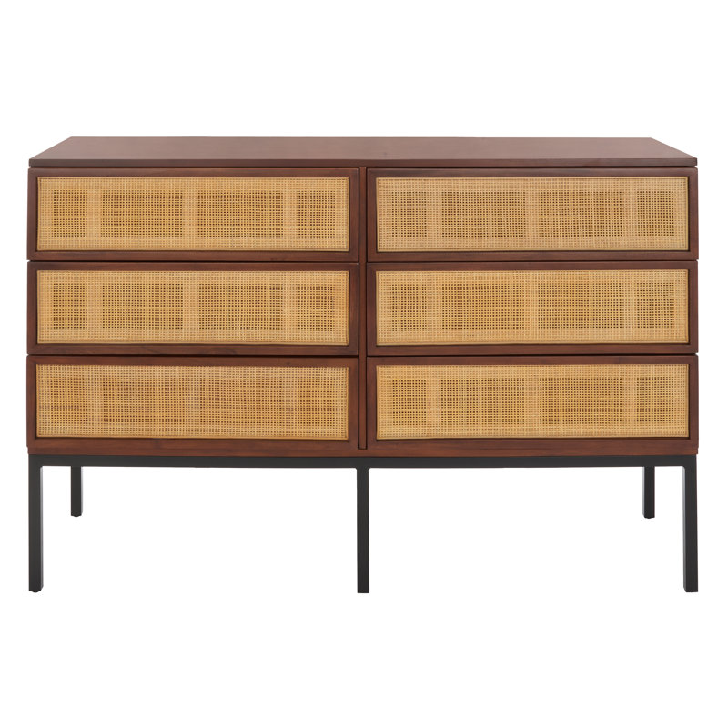 Prudhoe 54'' W 6 - Drawer Dresser, Black/Walnut With Natural Rattan