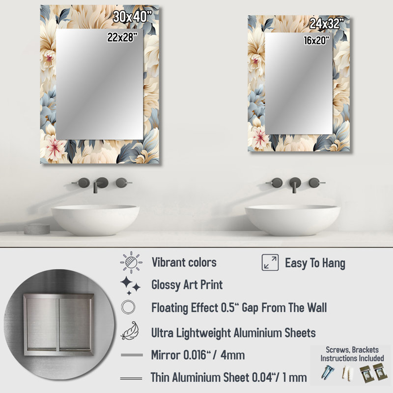 Ethereal Serenity Boho Pattern - Floral Wall Mirror, Floral Decorative Mirror, Printed Metal Art, 32" x 24"