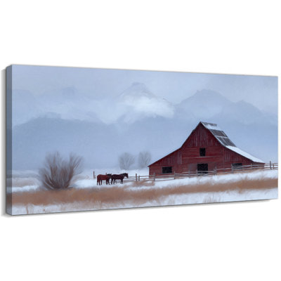  Hiver, art de Noël sur toile de grange de Noël, impressions de scène d'hiver dans une ferme enneigée, œuvre de toile de grange rouge rustique, affiche de décoration murale de vacances pour salon, chalet, chambre à coucher, 60 x 30 po