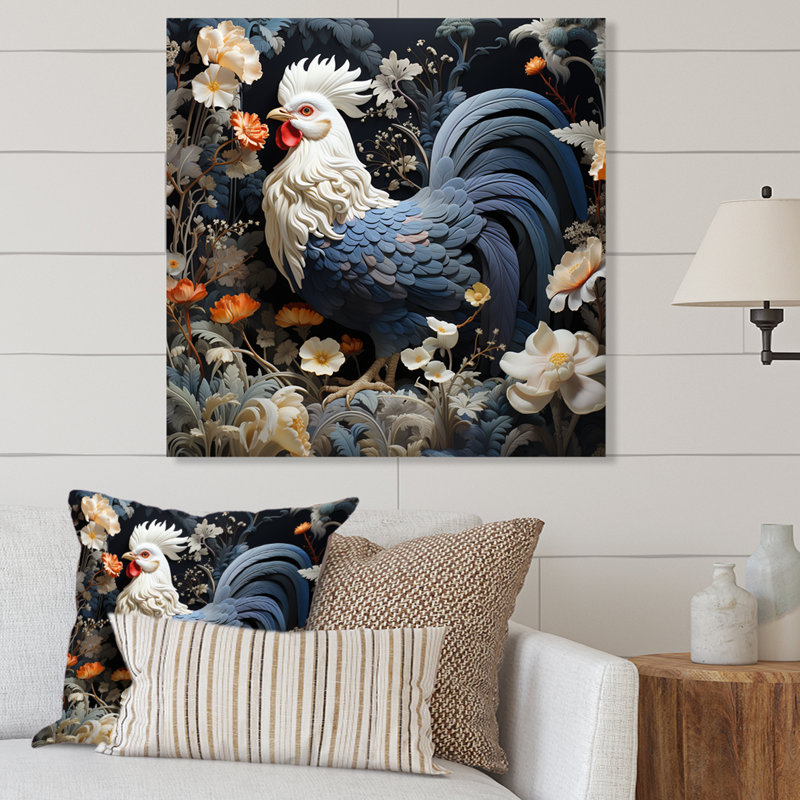 Coq dans un jardin de fleurs II, H 16 po x l 16 po