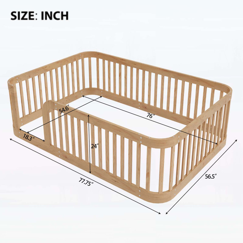 Wood Floor Bed with Fence,Ideal for Creative Play Spaces,Sturdy and Safe Design, Full, Natural