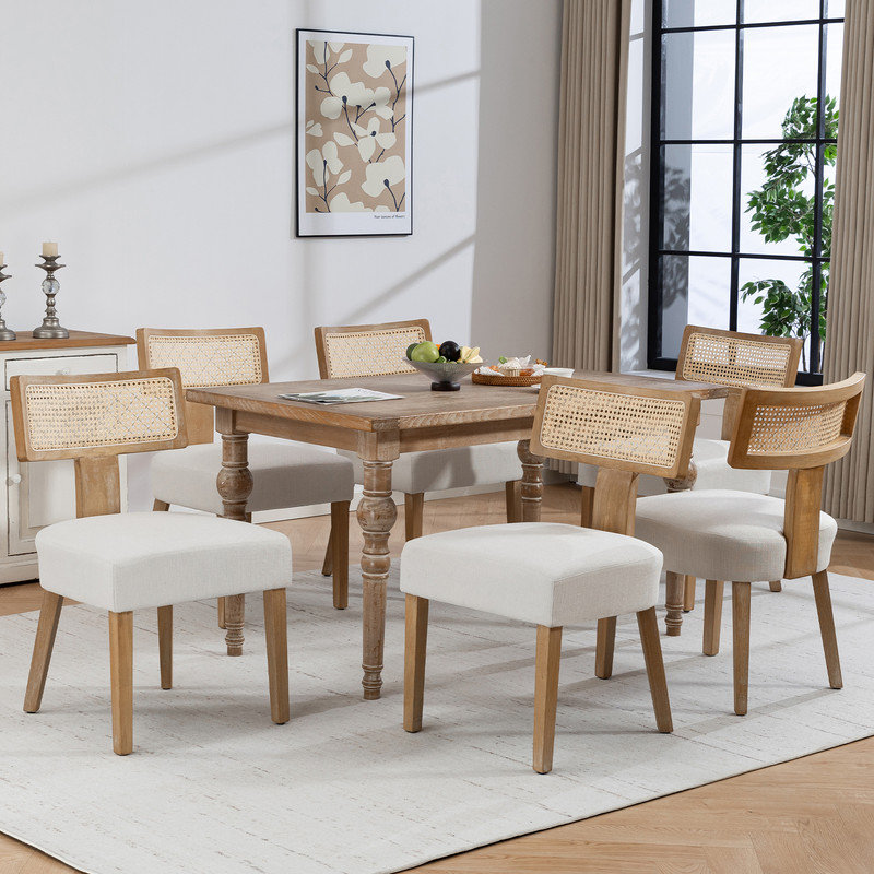 Linen Rattan Solid Wood Side Dining Chairs