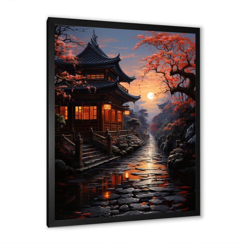 Cèdre du Japon, sanctuaire d'art au crépuscule I - impression, H 40 po x l 30 po x P 1,5 po, Cadre photo noir