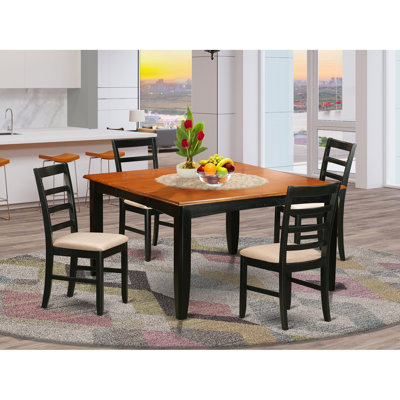 5 Piece Dining Set Includes a Square Dining Table with Butterfly Leaf and 4 Linen Fabric Kitchen Room Chairs, Black & Cherry