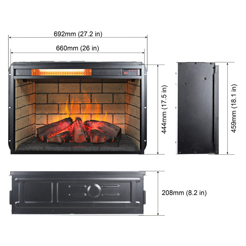Infrared Quartz Heater Fireplace Insert - Woodlog Theme With Brick, 1500W Heat Output, 4 Flame Brightness Options, Protected Heating 26 Inch Edition Supply,