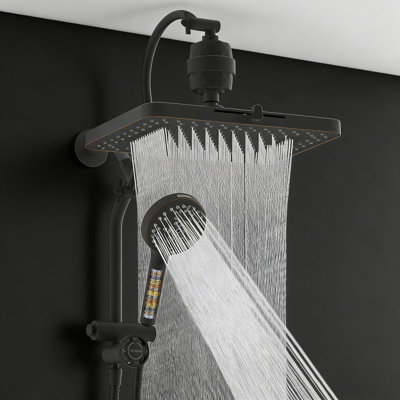 Pomme de douche à pluie filtrée combinée, pomme de douche 13 po avec douchette 10 jets, tuyau 71 po et support,