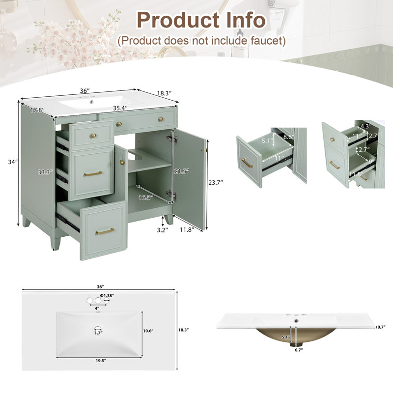Meuble-lavabo avec lavabo en céramique, armoire de rangement moderne pour petites et moyennes salles de bain, Vert