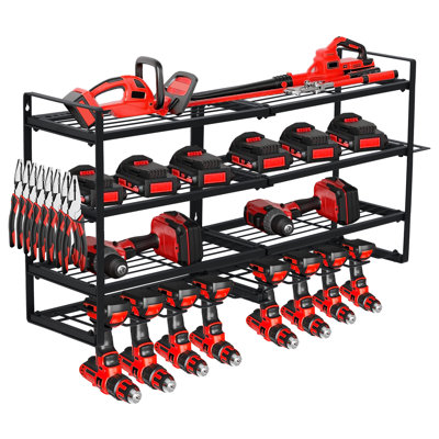 Power Tool Organizer, Drill Holder Wall Mount, Heavy Duty 4-Layer Drill Storage Shelf Loads 240Lbs, 8 Drill Holders and Drill Bit Rack, Utility Power Tool Storage for Garage Workbench