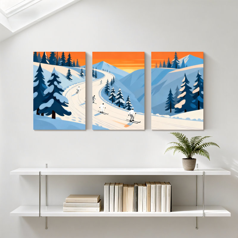 Forêt d'hiver, paysage d'hiver, scène de ski, montagnes, arbres, neige, lumière du soleil, ensemble de 3 impressions sur toile