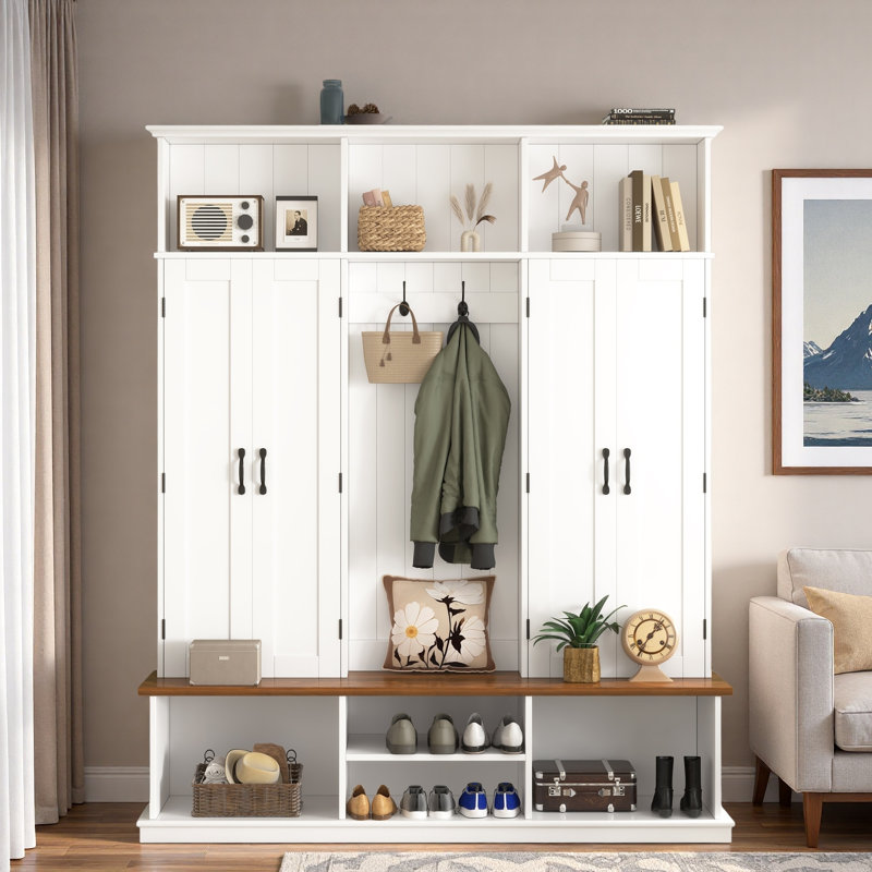 Hall Tree With Bench, Top Cubbies, Bottom Storage Space, Cabinets And Hooks, White