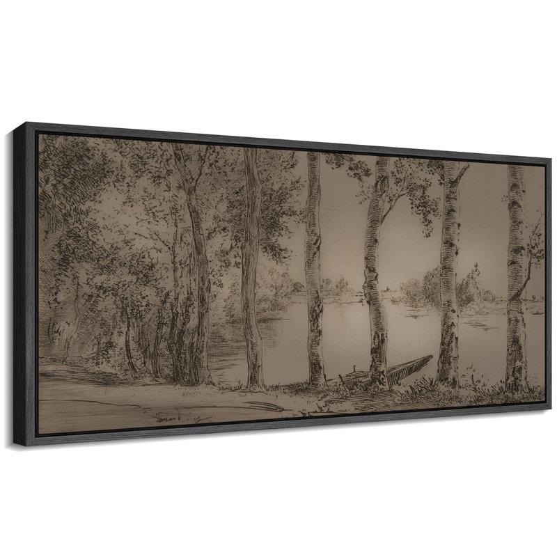 Rustique campagne rustique sépia forêt croquis d'arbre rivière scène classique très grande impression sur toile