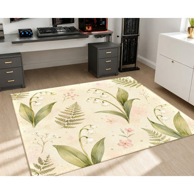 Tapis d'intérieur lavable à la machine, motif floral aquarelle, fougère et muguet, avec envers antidérapant. Décoration intérieure confortable pour salon, chambre, entrée, appartement.