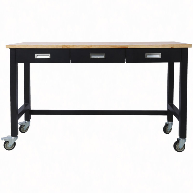 60" Work Bench, Workbench With Drawer Storage, Heavy Duty Bamboo Wood Work Table With Wheels For Garage Home Office