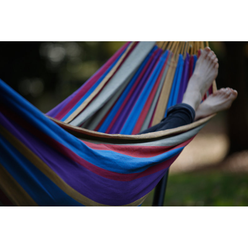 Vivere Double Cotton Hammock, Comfortable Daybed with Steel Stand, 9', Tropical, Tropical Stripes, Black