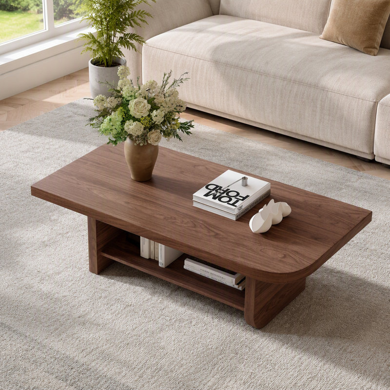 Table basse de 47,2 po en forme d'éventail avec tablette de rangement inférieure, finition grain de bois de noyer, table de salon moderne de style Mid-Century, mobilier d'appoint de style campagnard pour les grands espaces, assemblage facile