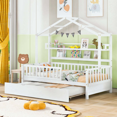 Lit en bois avec couchette, lit pour enfant avec tablette