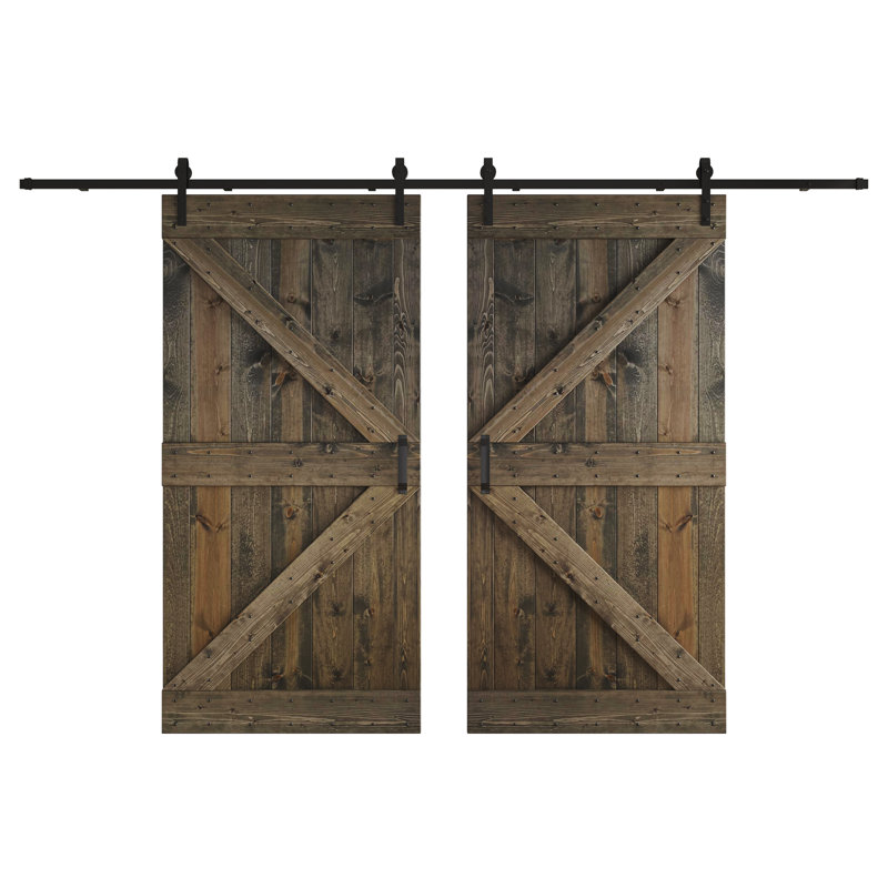 Porte de grange coulissante double K Series, Baril vieilli, 84 po x 84 po