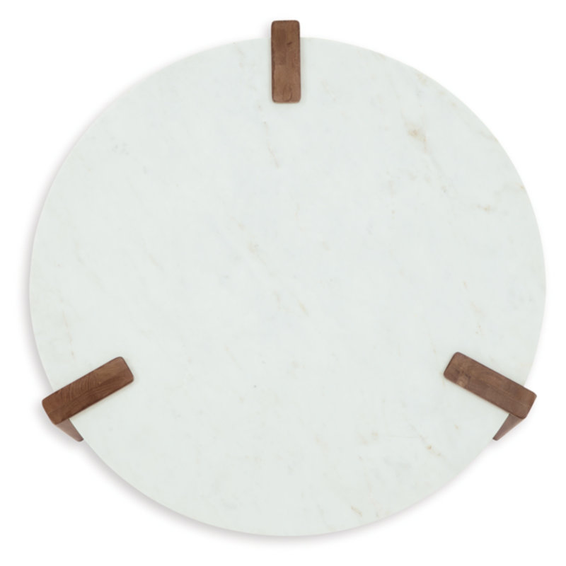 Round White Marble Top Coffee Table with Brown Wood Base