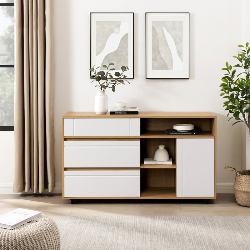 Buffet contemporain de 52 po avec rangement ouvert Yveth, Chêne côtier / blanc uni