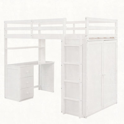 Lit mezzanine avec tiroirs, bureau et garde-robe