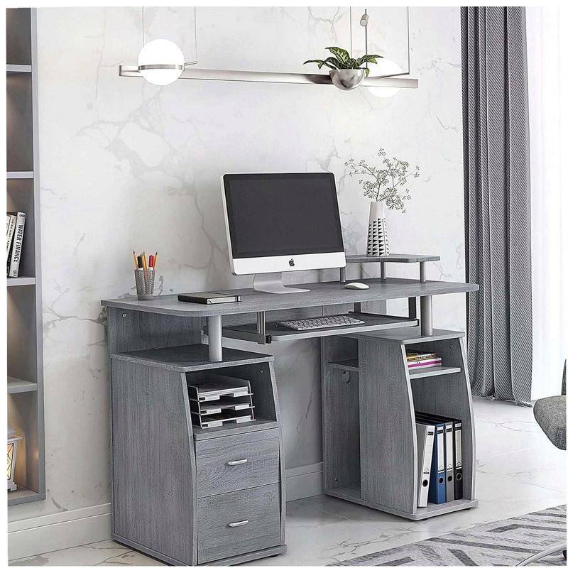 Bureau d'ordinateur complet avec rangement, gris