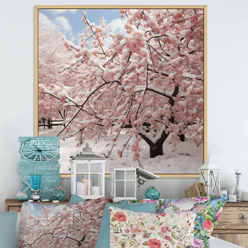 Hiver neige sur arbre de fleurs de cerisier roses - Art mural fleur de cerisier, Cadre flottant brun