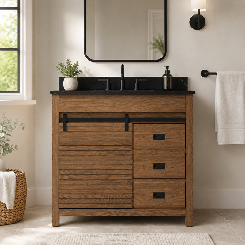 Ensemble de meuble-lavabo autoportant avec porte en grange coulissante 36 po Aldiana