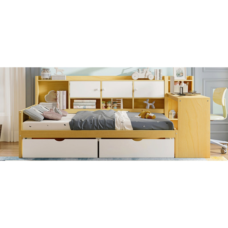 Natural+white L-shape Daybed With Bookshelf And Desk - Twin Bed Cabinet Storage Size, Natural/White, Twin