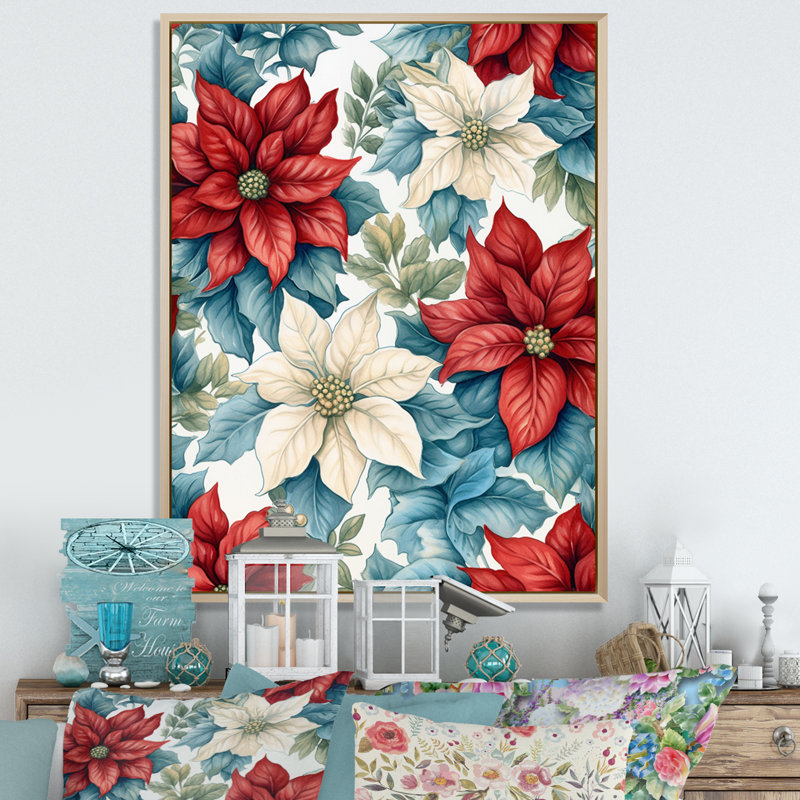 Poinsettia Passion I - impression sur toile florale, H 32 po x l 16 po x P 1 po, Cadre naturel flottant