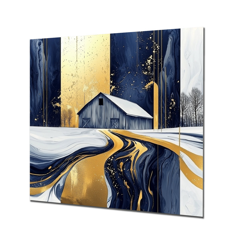 Abstrait bleu et or grange II - ferme, décoration murale en métal, impression grange, H 29 po x l 29 po x P 0,84 po