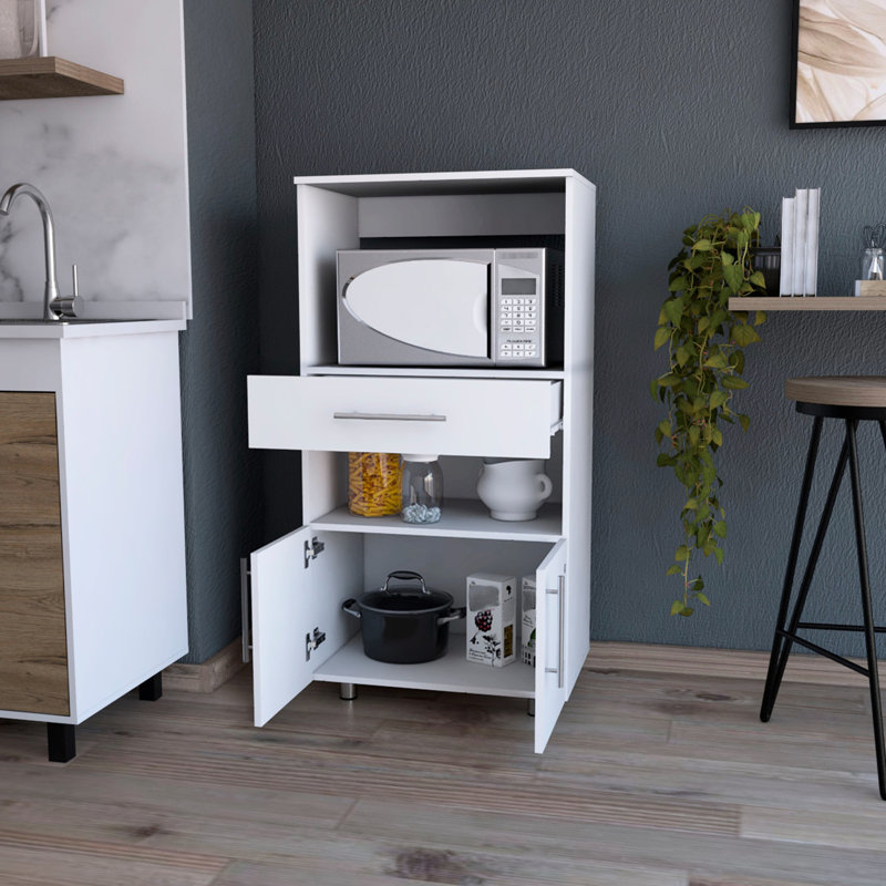 Élégant garde-manger blanc avec support à micro-ondes, avec tiroir et support de rangement généreux
