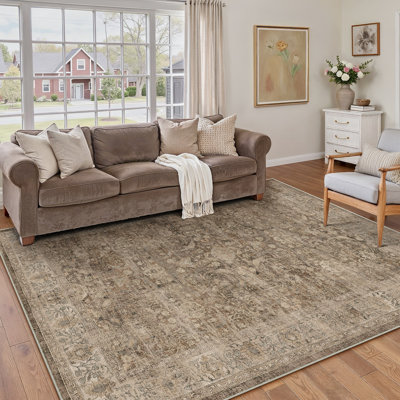 Bremerton Vintage Washable Light Brown Area Rug With Non-Slip Backing
