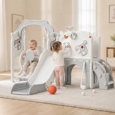 Ensemble de jeu 12-en-1 multifonctionnel avec panier de basketball, jeu de golf et planche à dessin pour tout-petits 1 à 3, conçu pour la salle de jeux et la cour des enfants, gris et blanc