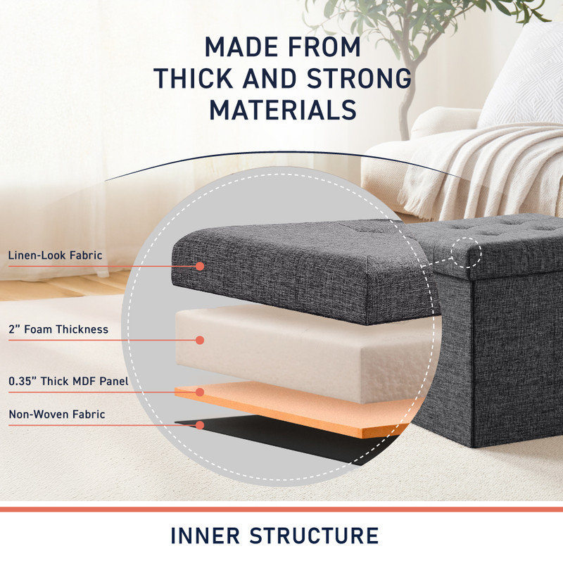Square Upholstered 15" Inch Storage Ottoman - Set of 2, Dark Gray